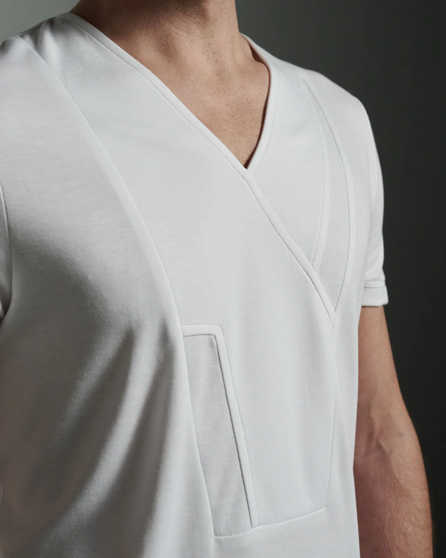Bib Fronted V-neck with Panelled Shapes White T shirt by W Rubens | Made in London (Uk) | Minimalistic Design | UK craftsmanship & British artistry |