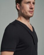 Shawl Necktie Collar V-Neck T-Shirt with Contrast Stitching