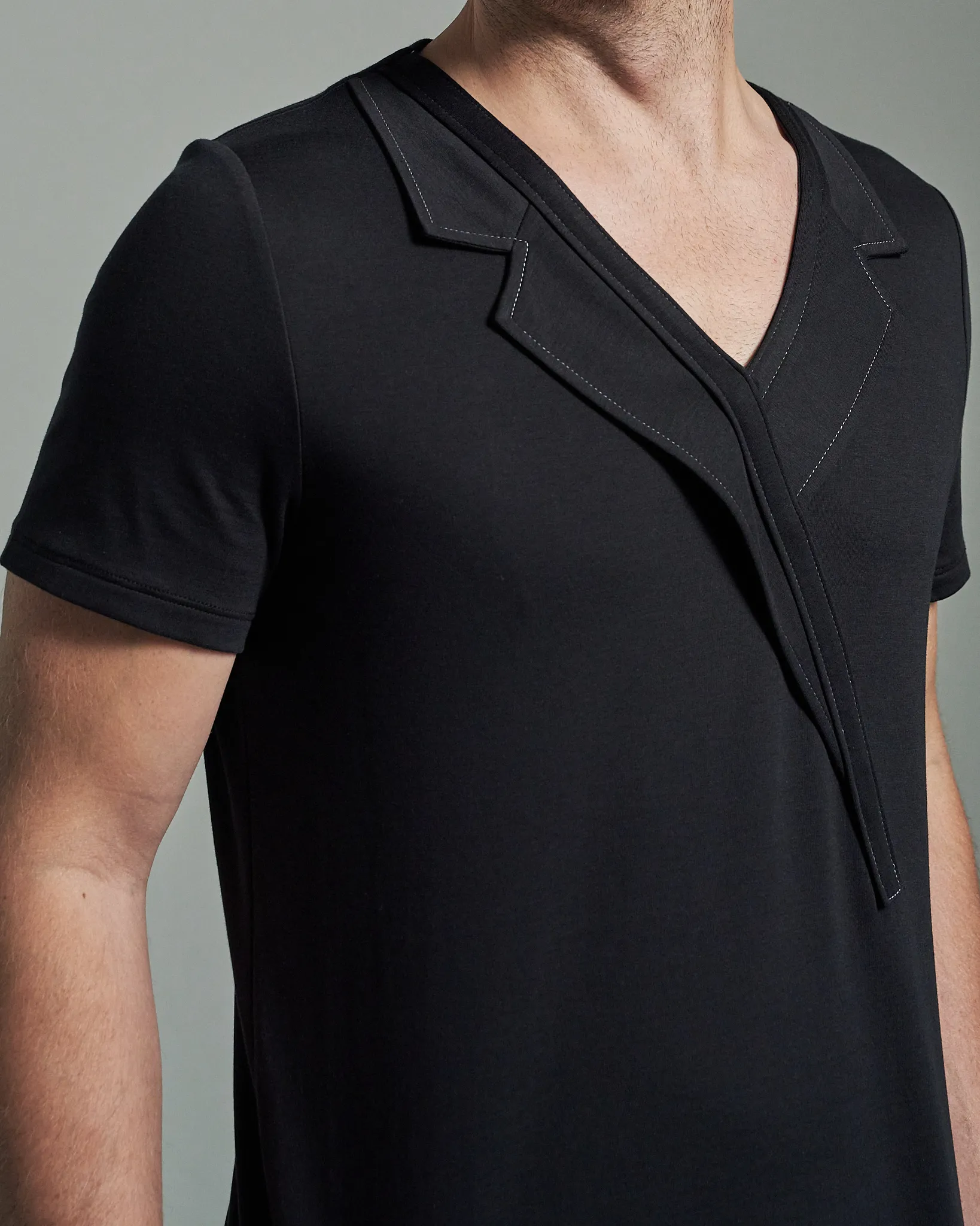 Slim Fit T-Shirt with Asymmetric Lapels & Contrasting Stitch
